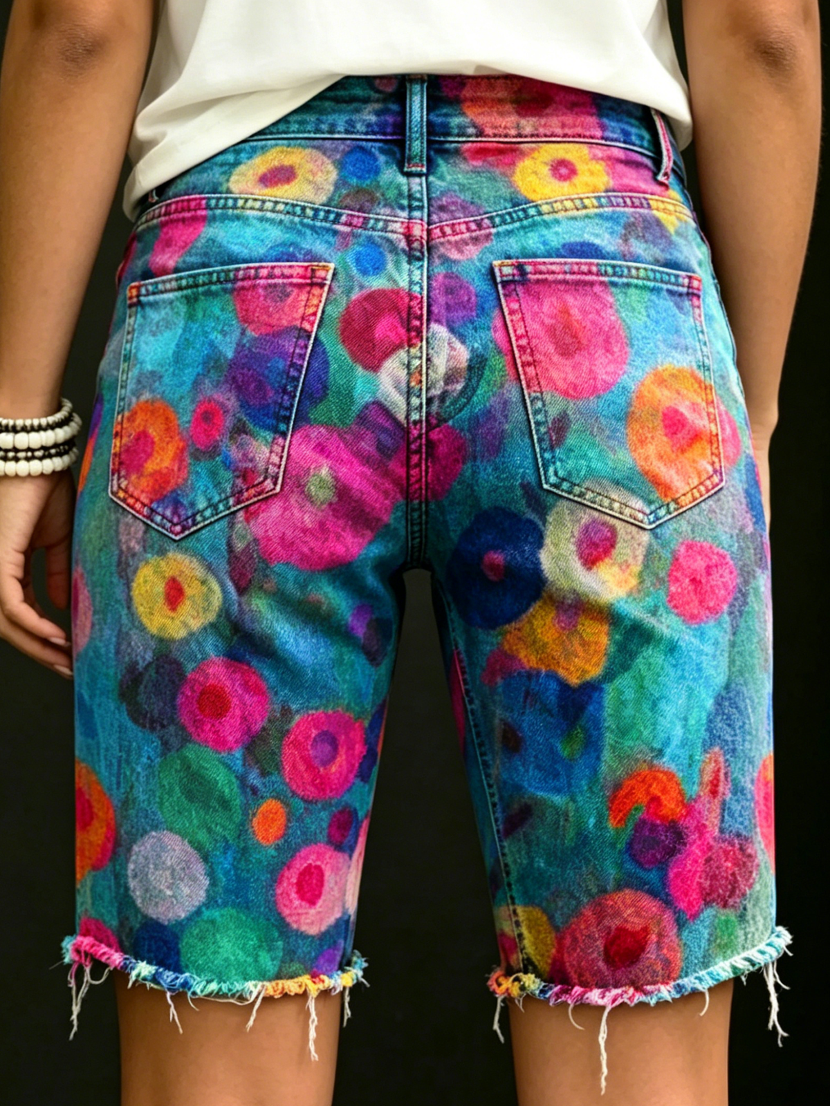 Women's Colorful Floral Art Print Casual Denim Shorts
