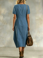Women's Solid Denim Cotton Pleated Short Sleeve Casual Dress