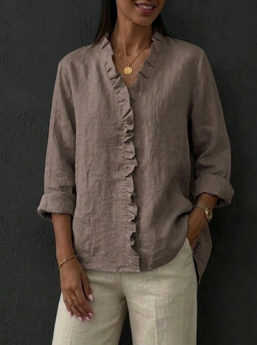Women's Casual Cotton And Linen Ruffle Shirt
