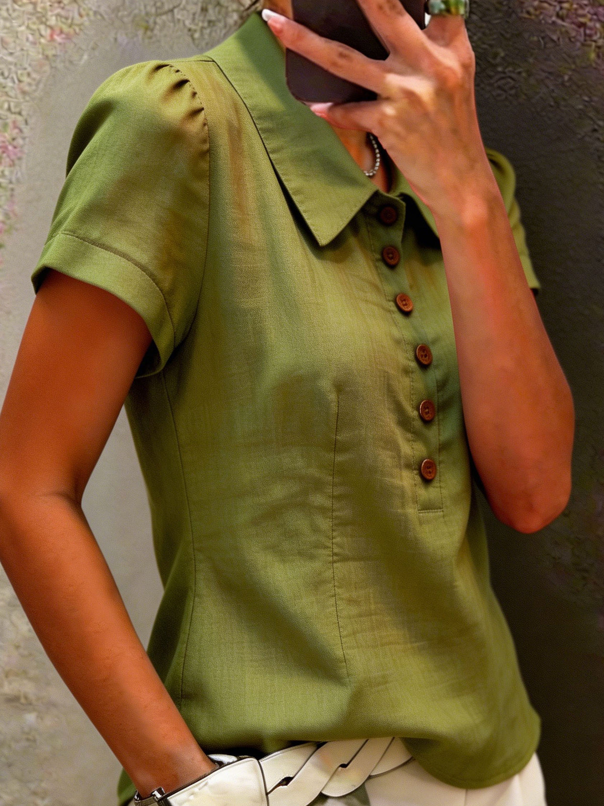 Women's vintage causal Puff-sleeve short-sleeve button top