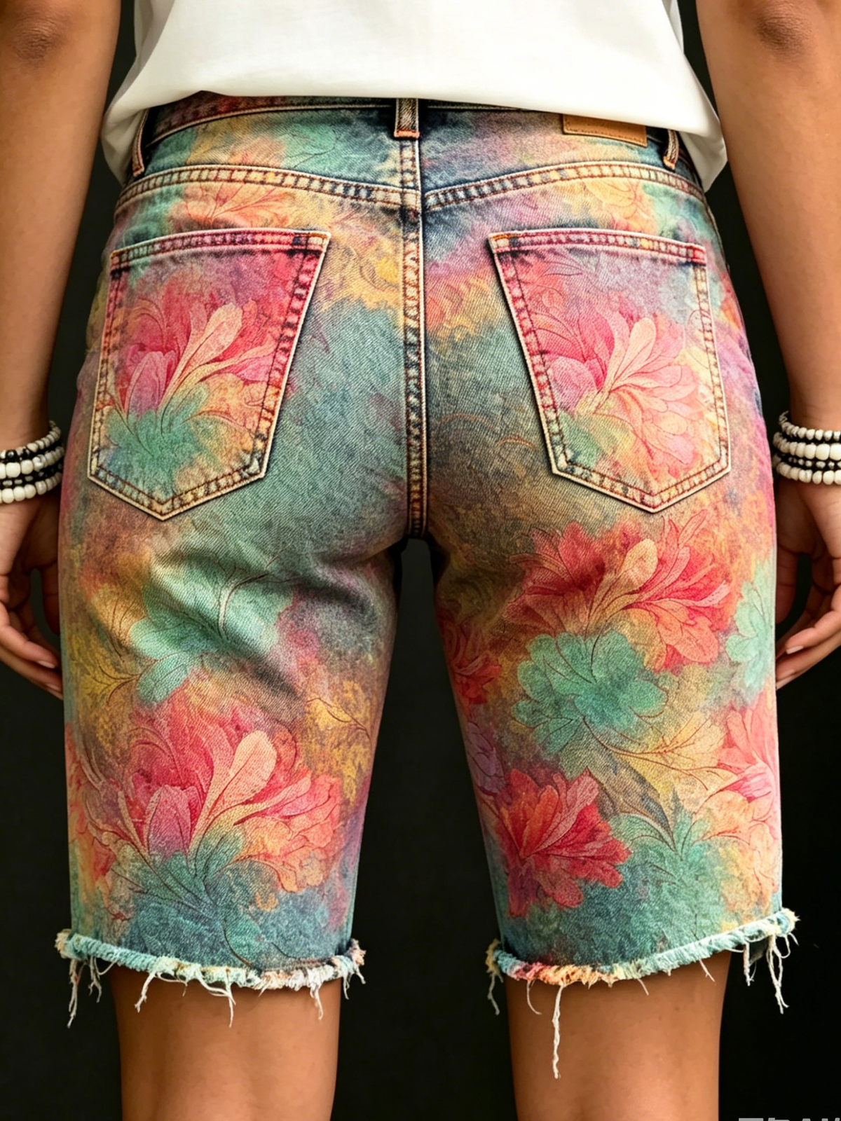 Colorful Gradient Floral Art Print Casual Denim Shorts