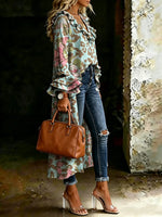 Women's Leopard Floral Art Casual Ruffled V-neck Cotton Shirt