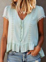 Women's Lace-trimmed Short-sleeve V-neck Buttons Ruffled Hem Top