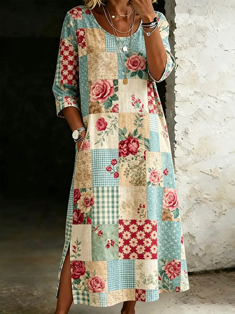 Women's Casual Retro Floral Print Cotton Linen Dress Round Neck And Side Slits