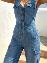 Women’s Solid-color Vest V-neck And Pockets Casual One Piece Denim Jumpsuit