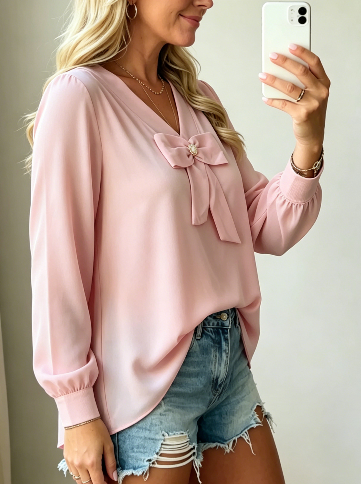 Women's V-neck Long Sleeve Shirt With Decorative Bow