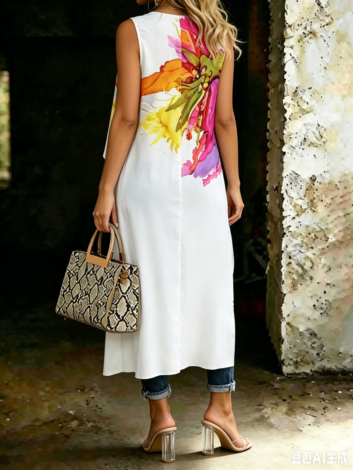 Women's Flower Print Low-high Design Sleeveless Top