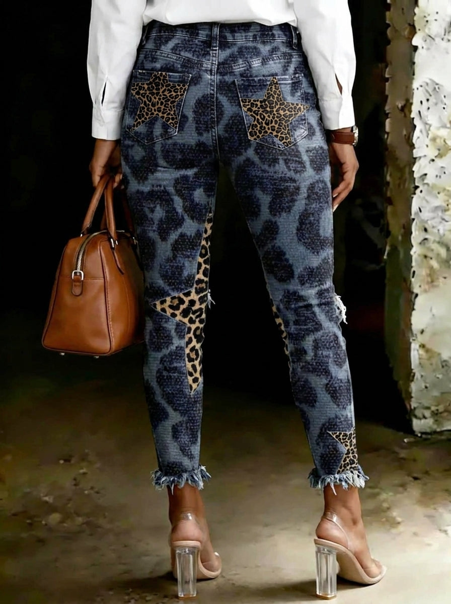 Women's Star Leopard Print Art Ripped Skinny Jeans