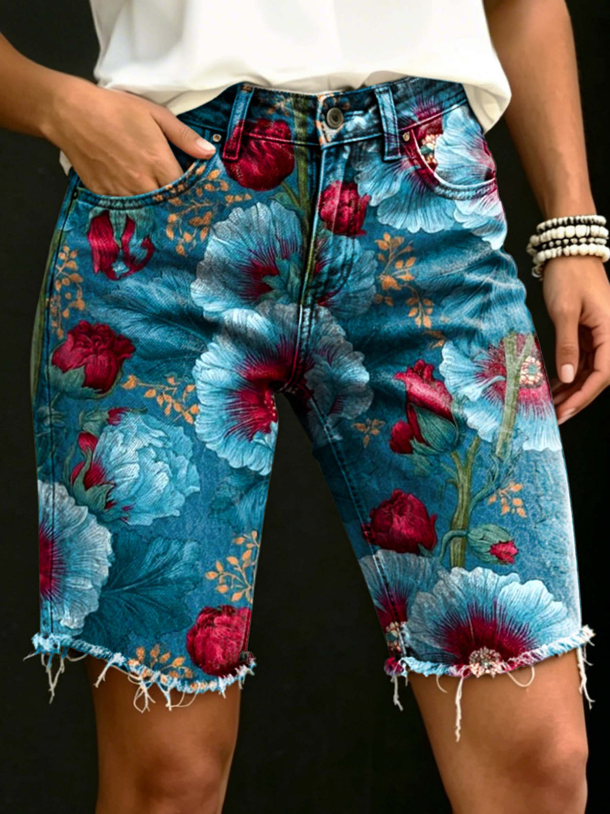 Women's Vintage Floral Print Casual Denim Shorts