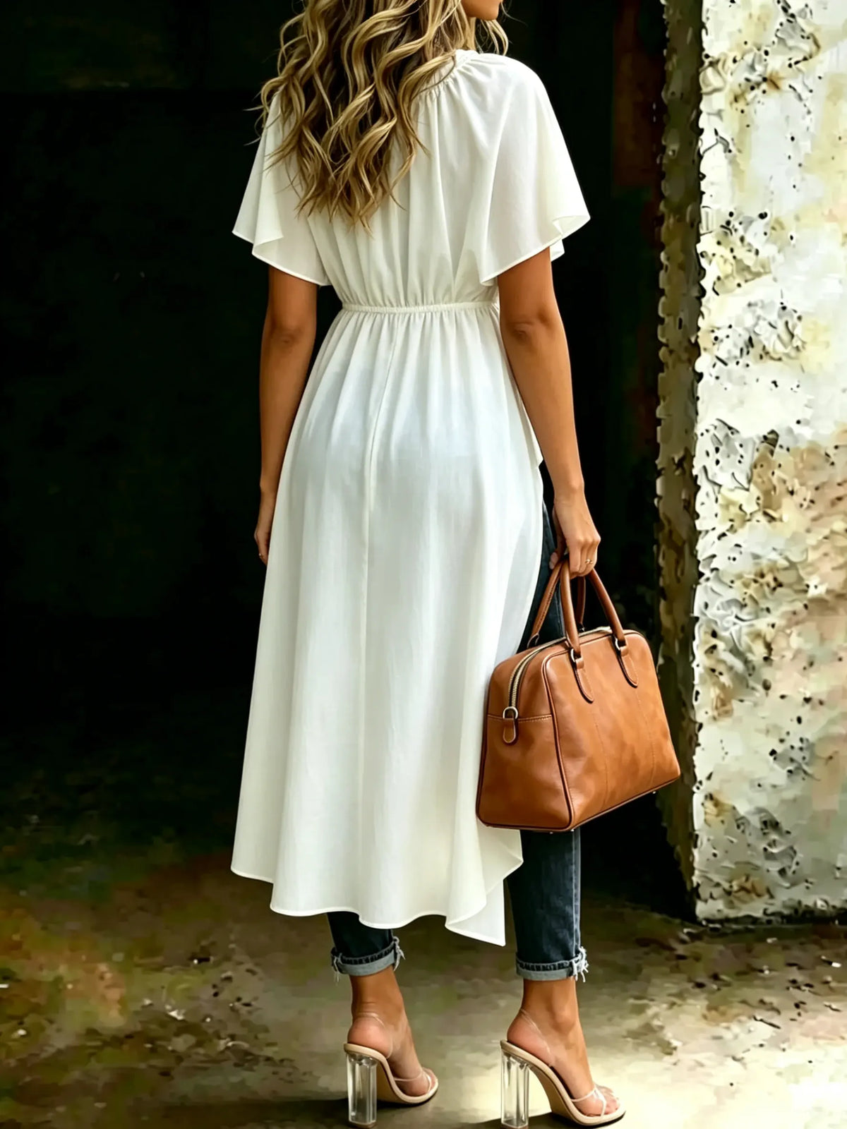 Women's V Neck High Low Chiffon Top Ruffle Short Sleeve Asymmetric Flowy Blouse Shirt