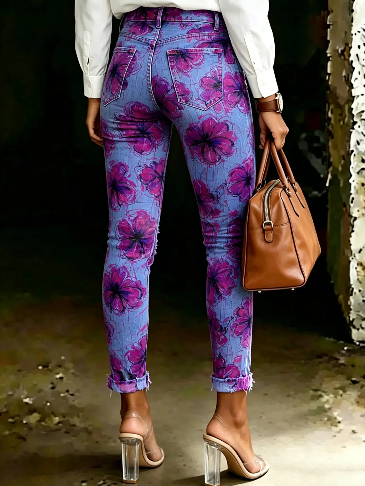 Women's Vintage Floral Print Casual High-waisted Ripped Skinny Jeans