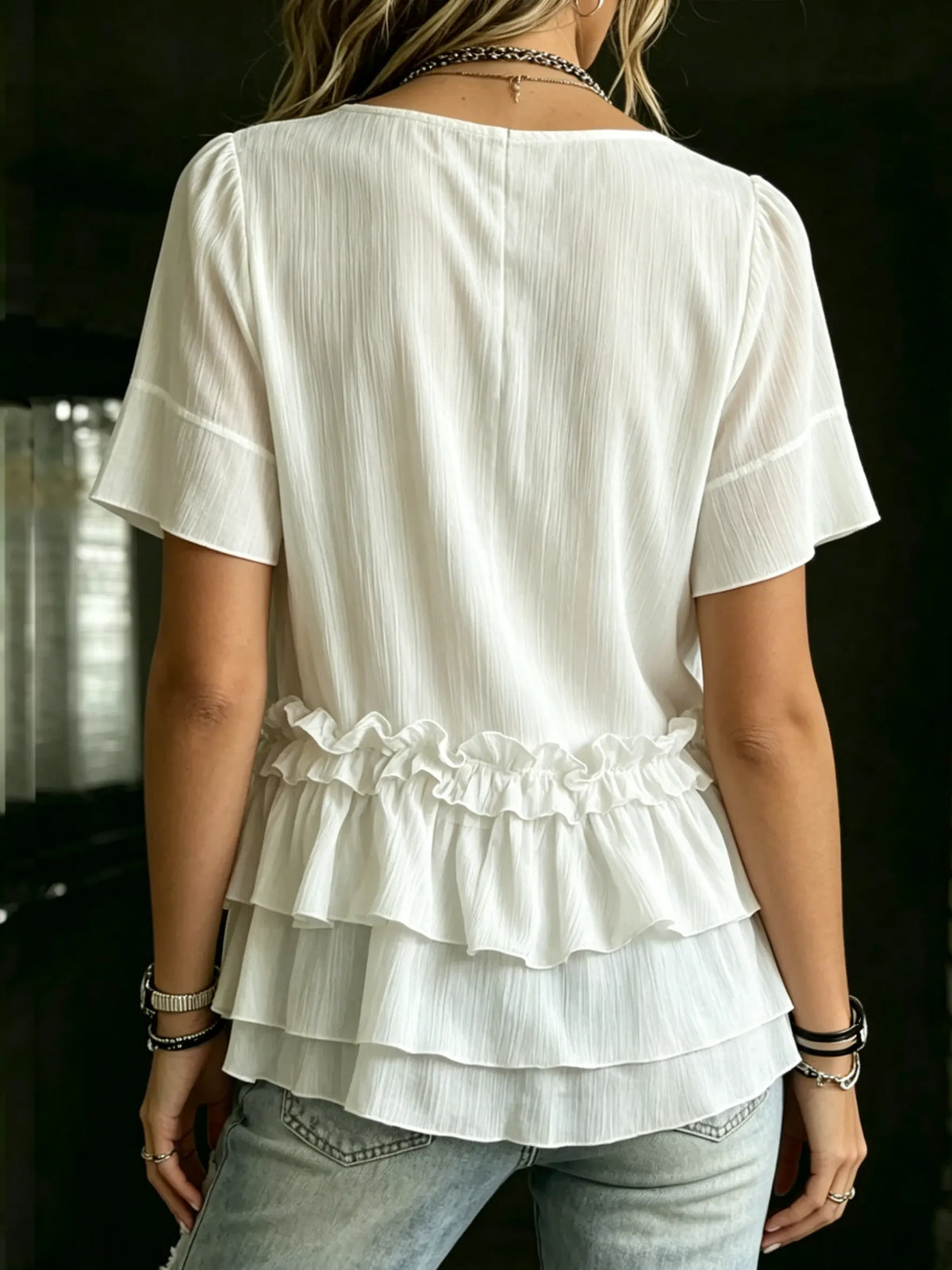 Women's V Neck Ruffle Short Sleeve Blouse Top