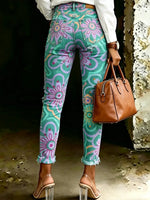 Women's Vintage Floral Totem Print Casual High-waisted Ripped Skinny Jeans