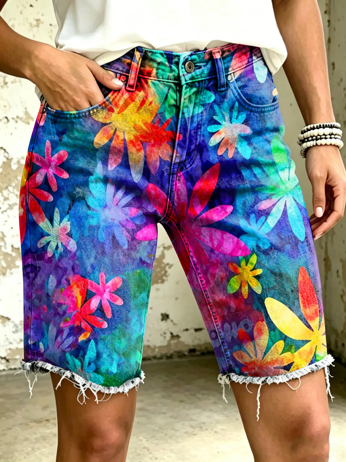 Women's Vividly Multicolor Floral Totem Art Print Casual Denim Shorts