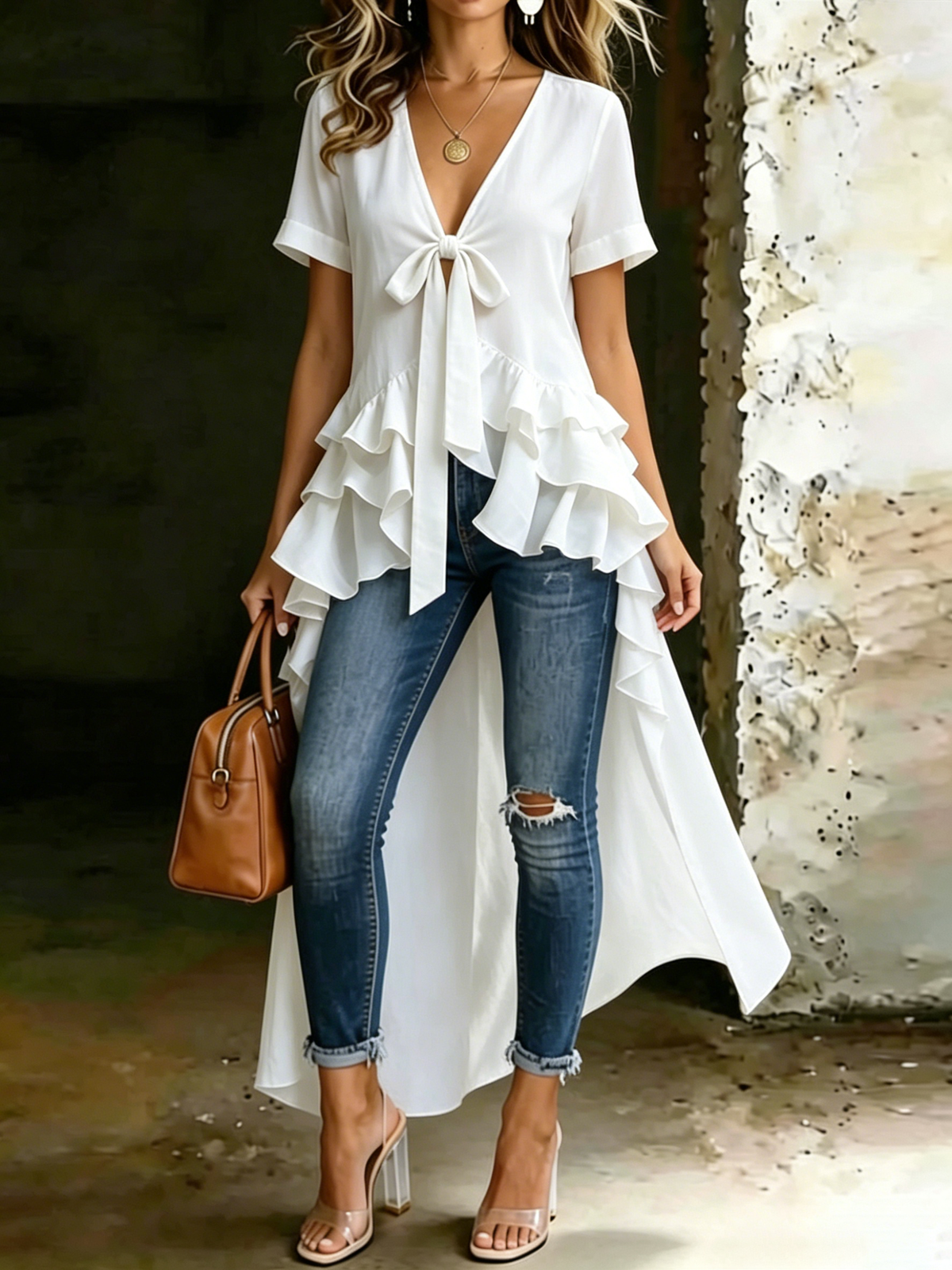Women's V-neck Tie-front Chiffon Top With High-low Ruffled Hem