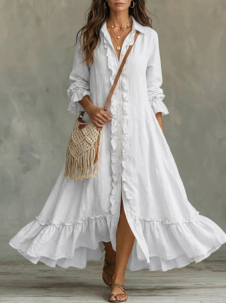 Women's Button Front Ruffle Long Sleeve Maxi Shirt Dress