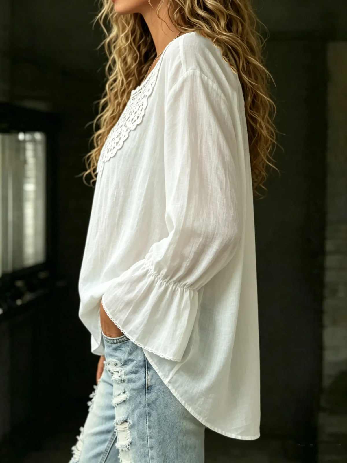Women's Lace Patchwork Long Sleeve Blouse | Elegant Ruffle Cuff Tunic Top