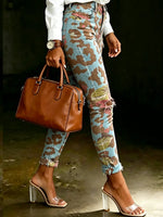 Women's Vintage Leopard Floral Print Casual High-waisted Ripped Skinny Jeans