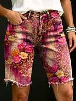 Vintage Gradient Floral Art Print Casual Denim Shorts