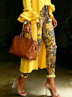 Women's Vintage Yellow Floral Print Casual High-waisted Ripped Skinny Jeans