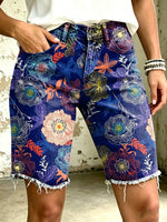 Women's Vividly Floral Totem Art Print Casual Denim Shorts