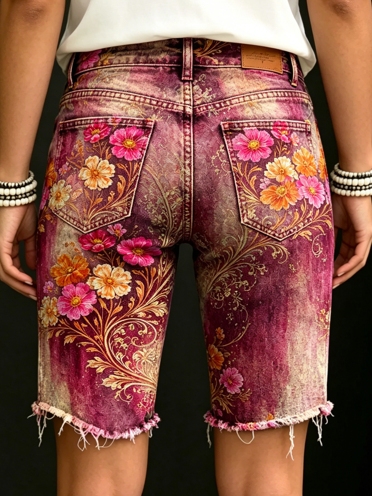 Vintage Gradient Floral Art Print Casual Denim Shorts