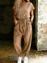 Women’s Short-sleeve Round-neck Elastic Waistband Drawstring Pockets Romper