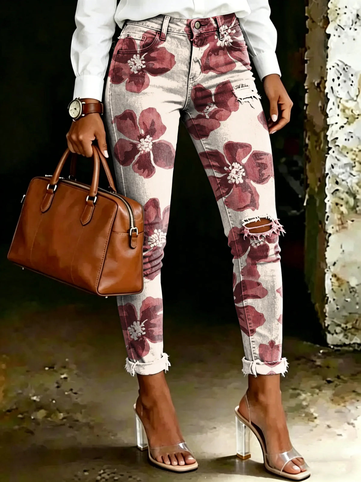Women's Vintage Floral Print Casual High-waisted Ripped Skinny Jeans
