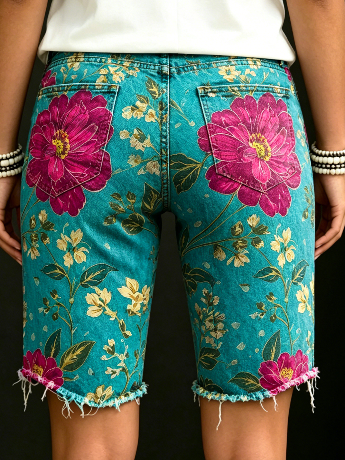 Vintage Floral Art Print Casual Denim Shorts