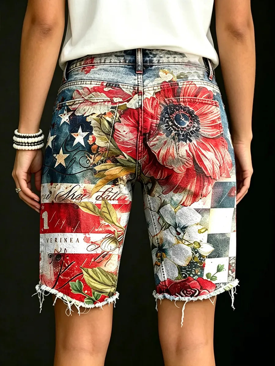Women's Retro Casual Independence Day Flag Floral Art Print Denim Shorts