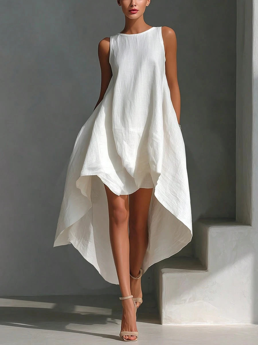 Women's Linen Sleeveless Crew-neck Dress With Asymmetrical High-low Hem