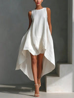 Women's Linen Sleeveless Crew-neck Dress With Asymmetrical High-low Hem