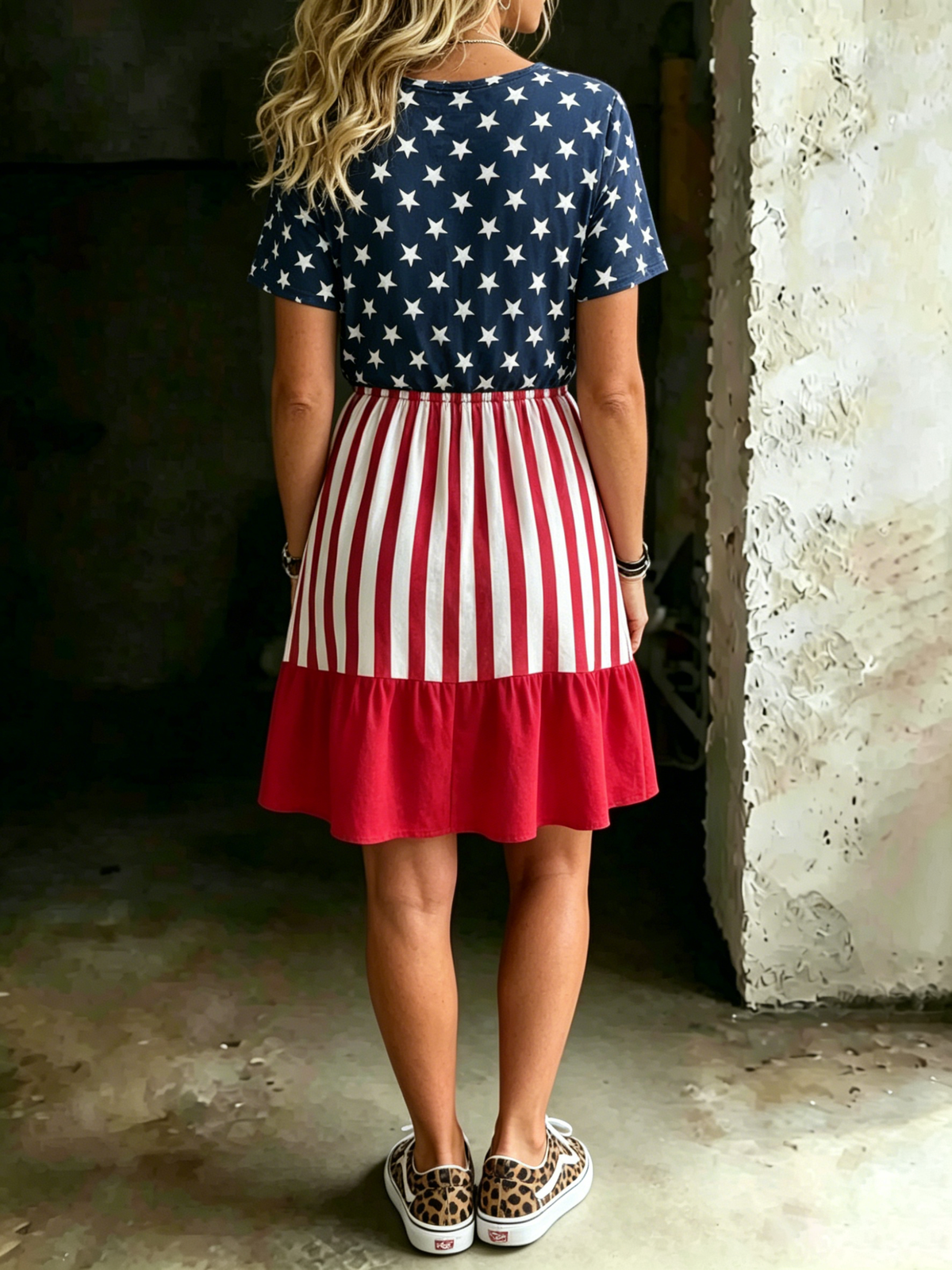Women's American Patchwork Art Print V-neck Short-sleeve Dress