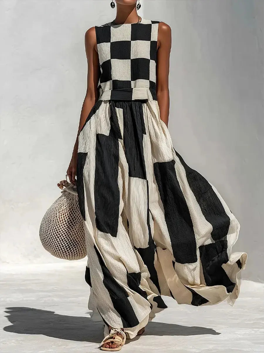 Women's Checkerboard Print Sleeveless Top Pants Two-piece Set