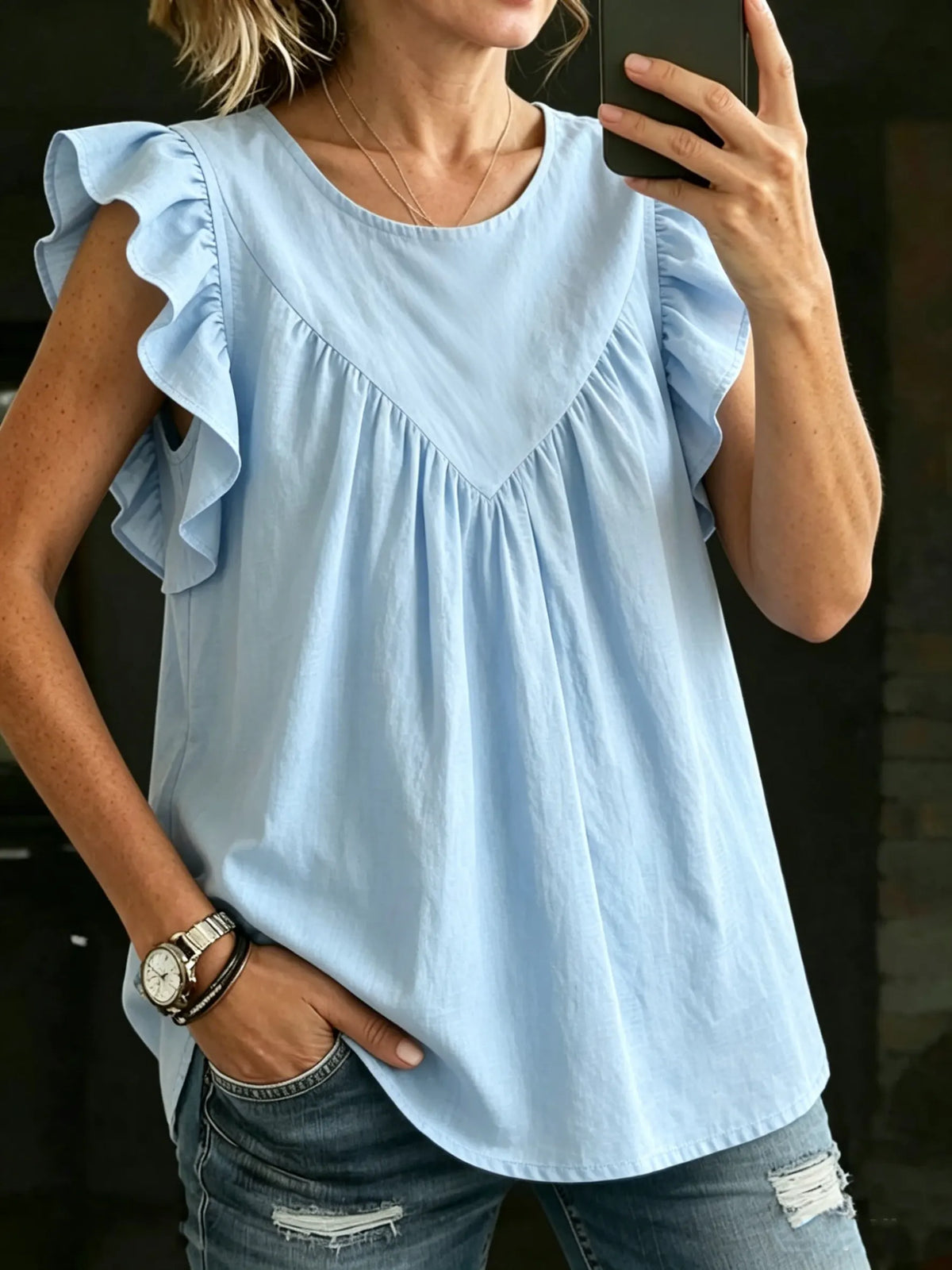 Women's V-Neck Pleated Detail Loose Top
