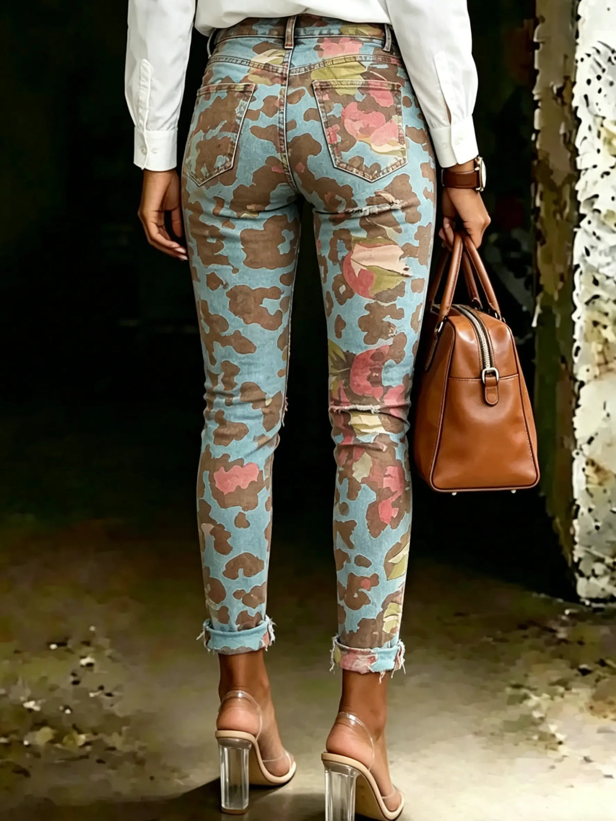 Women's Vintage Leopard Floral Print Casual High-waisted Ripped Skinny Jeans