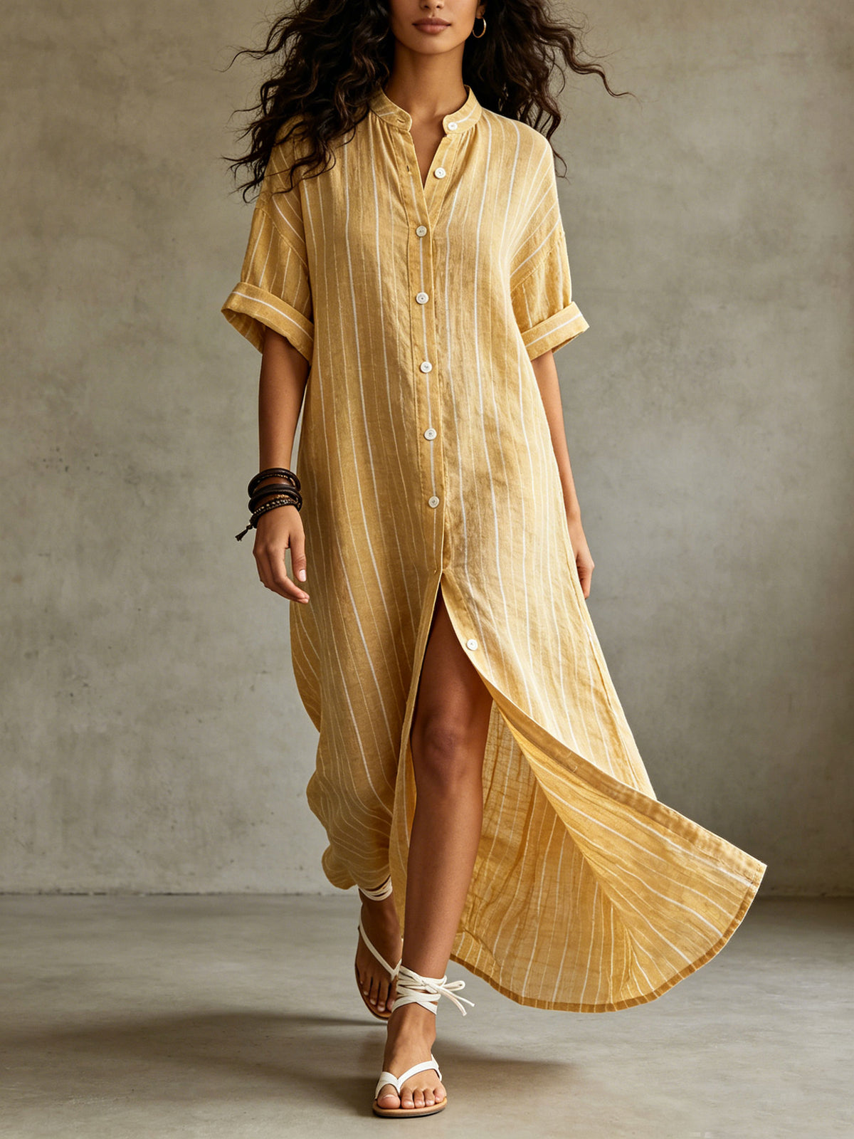 Women's Striped Short-sleeve Button-up Stand-collar Flowy Maxi Dress