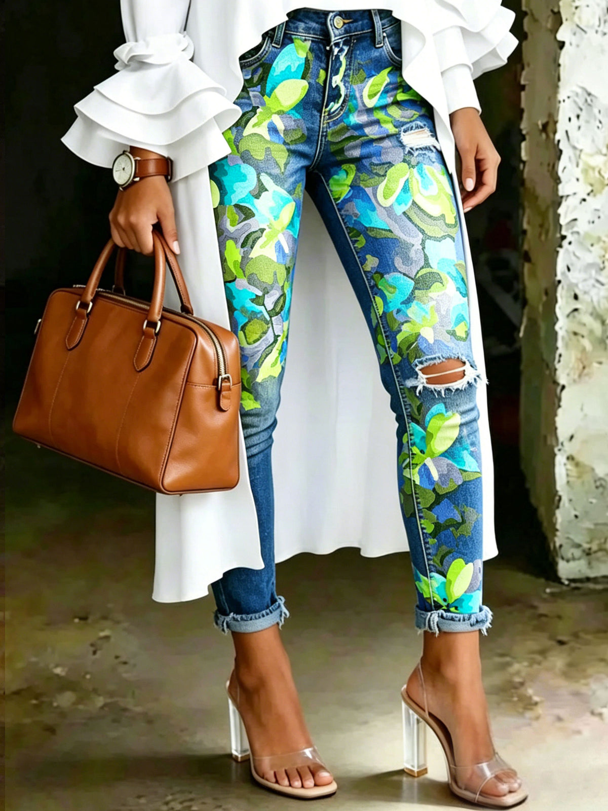 Women's Floral Art Print Art Ripped Skinny Jeans