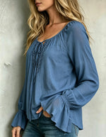 Women's Casual V Neck Ruffle Flared Sleeve Blue Top