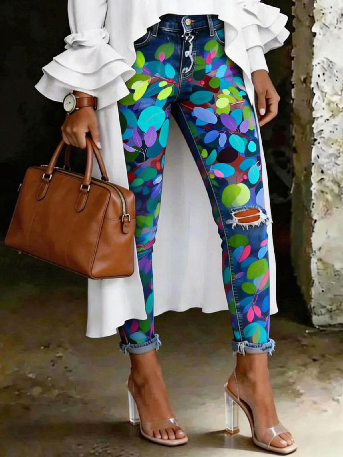 Women's Colorful Leaves Art Print Art Ripped Skinny Jeans