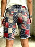 Women's Vividly USA Independence Day Totem Art Print Casual Denim Shorts