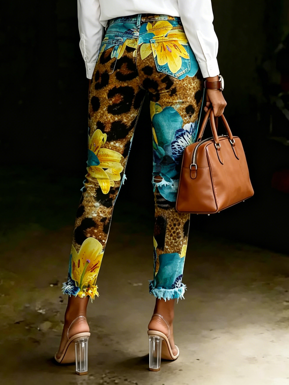 Women's Colorful Flower Leopard Print Art Ripped Skinny Jeans
