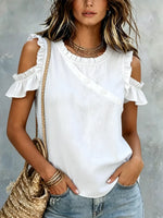Off-the-shoulder Stylish Loose-fit Cotton Top With Ruffles And Button Decoration