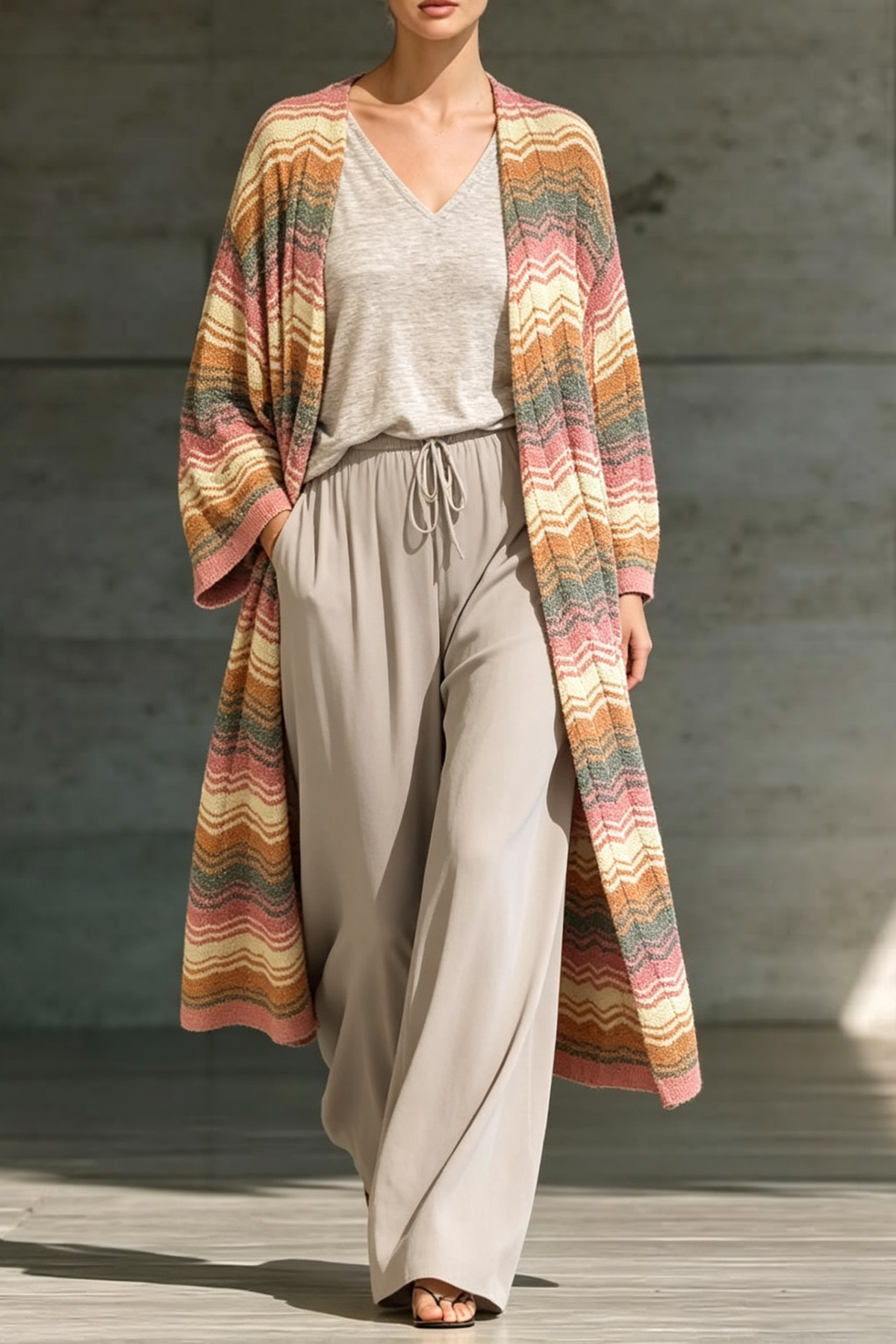 Women's Longline Cardigan V-neck Top Wide-leg Pants Set