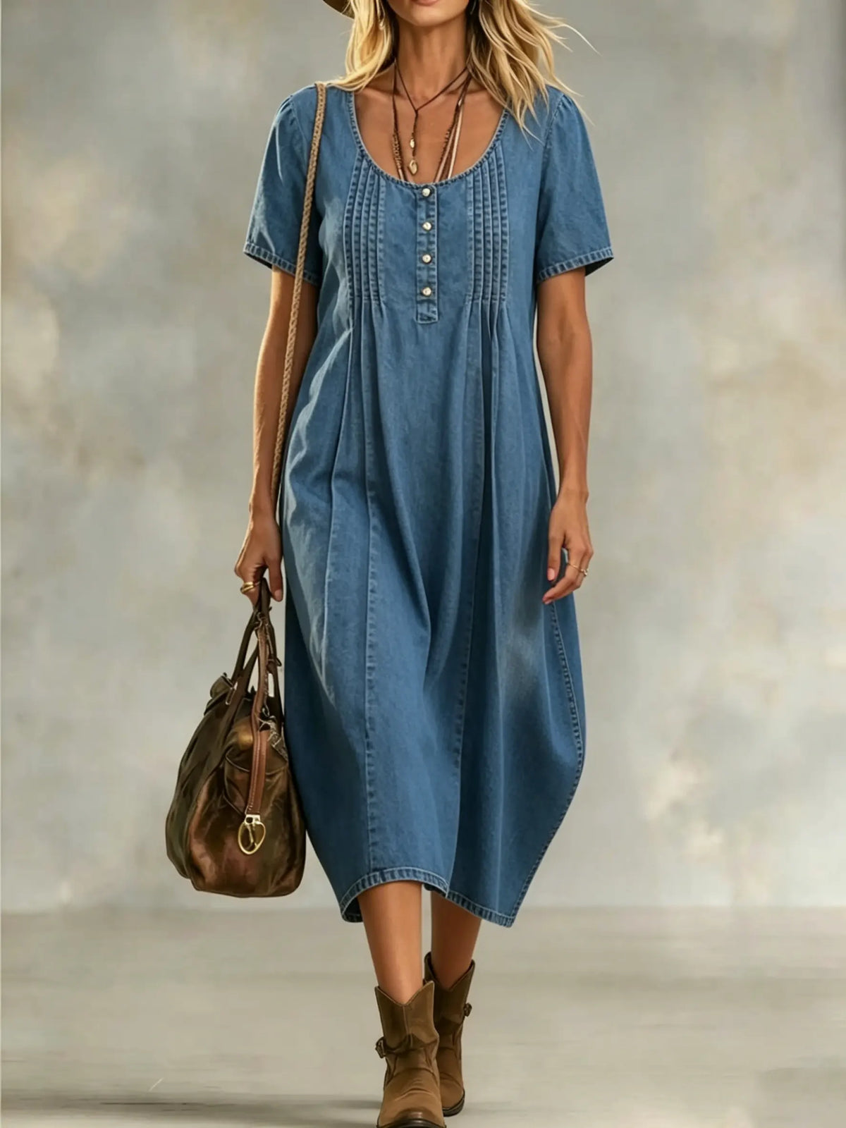 Women's Solid Denim Cotton Pleated Short Sleeve Casual Dress