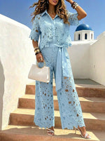 Women‘s Solid-color Cut-out Cardigan Top And Wide-leg Pants Two-piece Set For Women