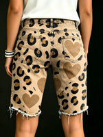 Women's Retro Casual LLeopard-Print Heart Denim Shorts