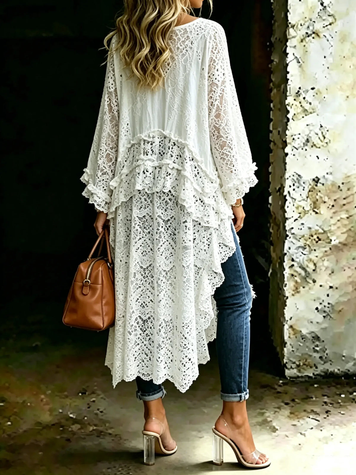 Women's Round Neck Flare Sleeve White Lace Blouse