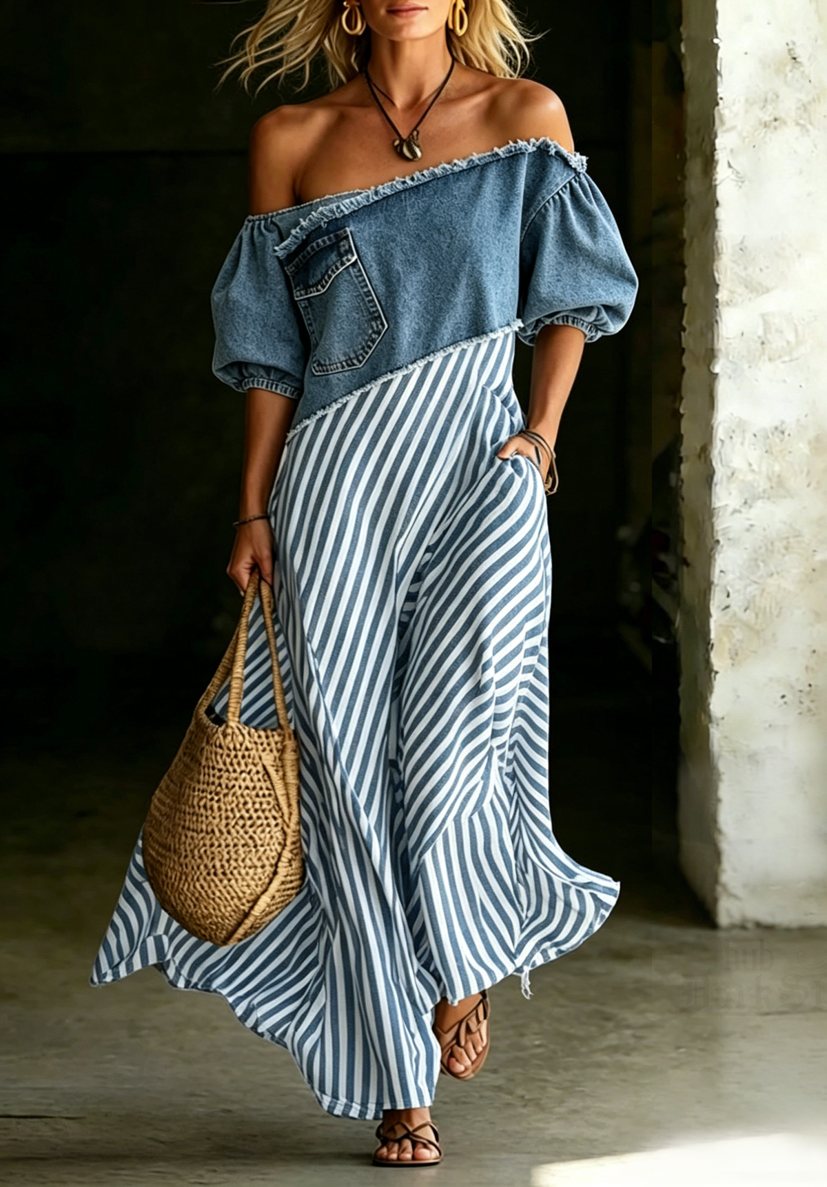Women's Asymmetric Off-shoulder Denim-panel Puff-sleeve Dress
