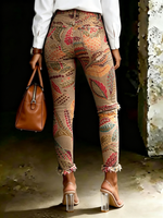 Women's Vintage Paisley Ethnic Leaf Motif Art Ripped Skinny Jeans